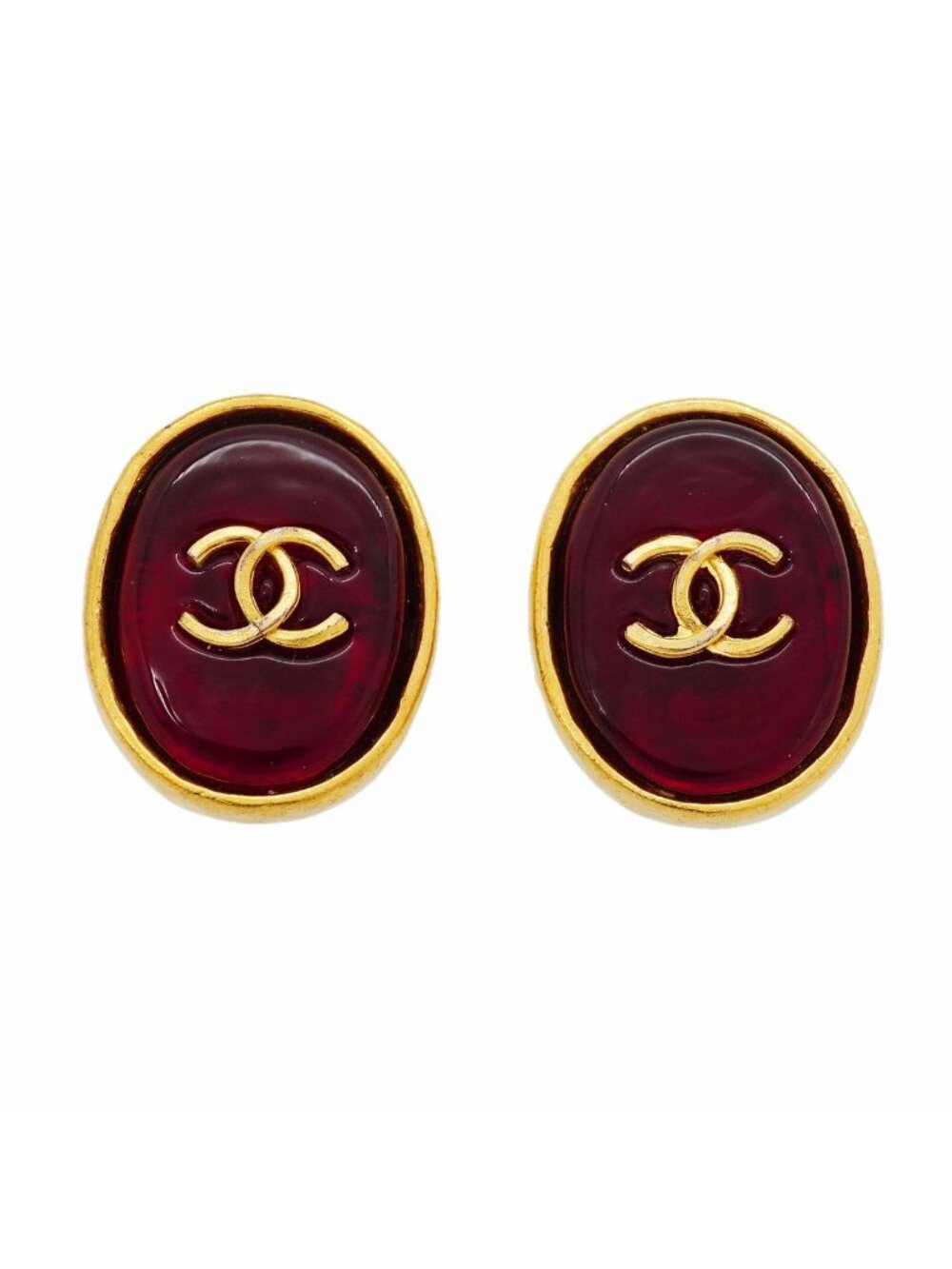 Chanel Earrings Vintage CC Logo Oval Gold Plated Gripoix Red